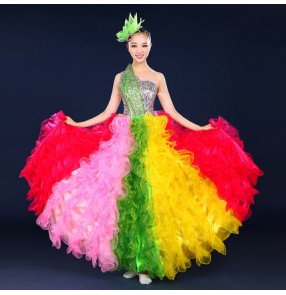 Rainbow colored one shoulder sequins rhinestones women's ladies spanish folk flamenco performance modern dance singer dance dresses costumes